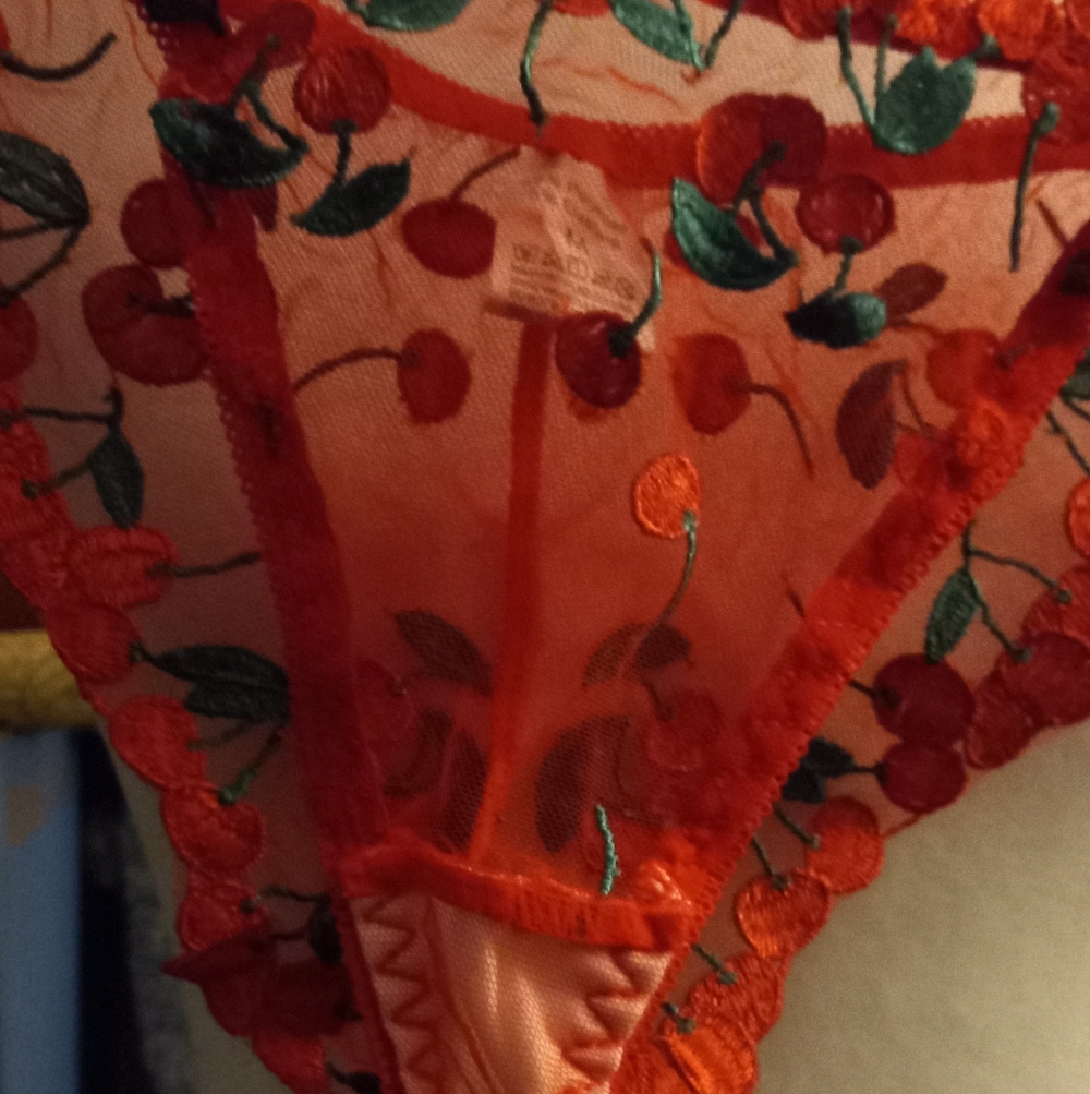 New,red sheer mesh cherries  embroidered underwire bra & thong lingerie size med - Picture 9 of 13